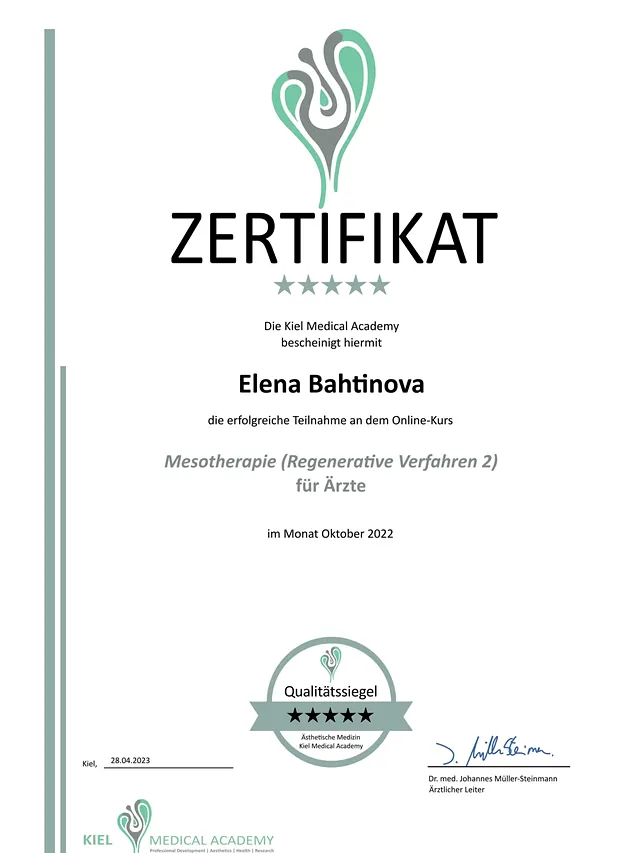 Zertifikat Mesotherapie für Elena Bahtinova