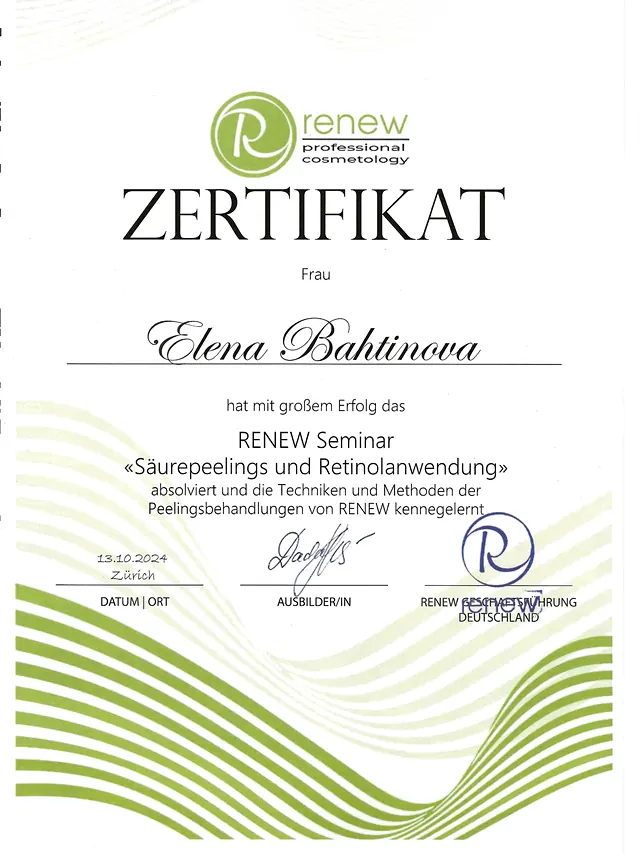 Zertifikat Säurepeelings und Retinolanwendung für Elena Bahtinova